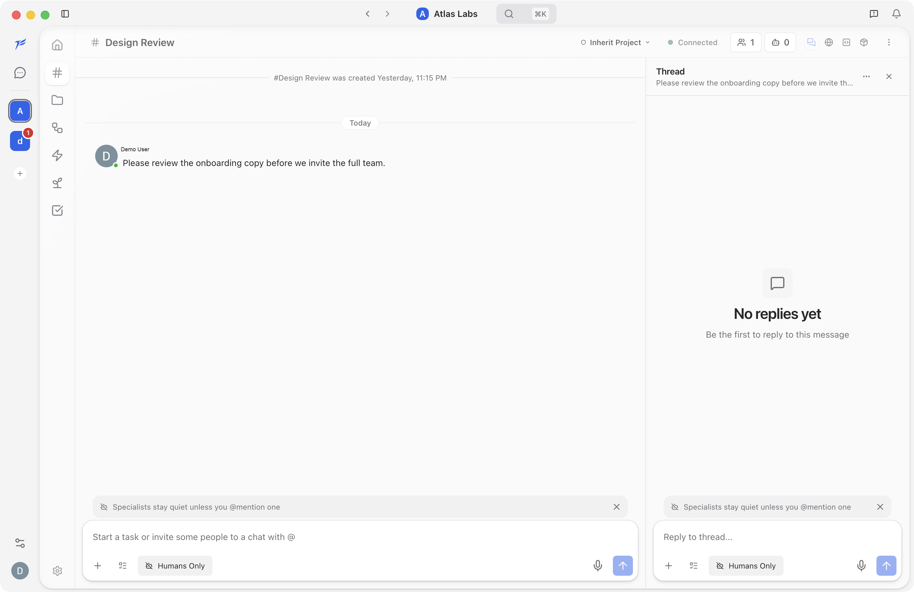 Thread panel open beside the Design Review channel with an empty thread ready for the first reply