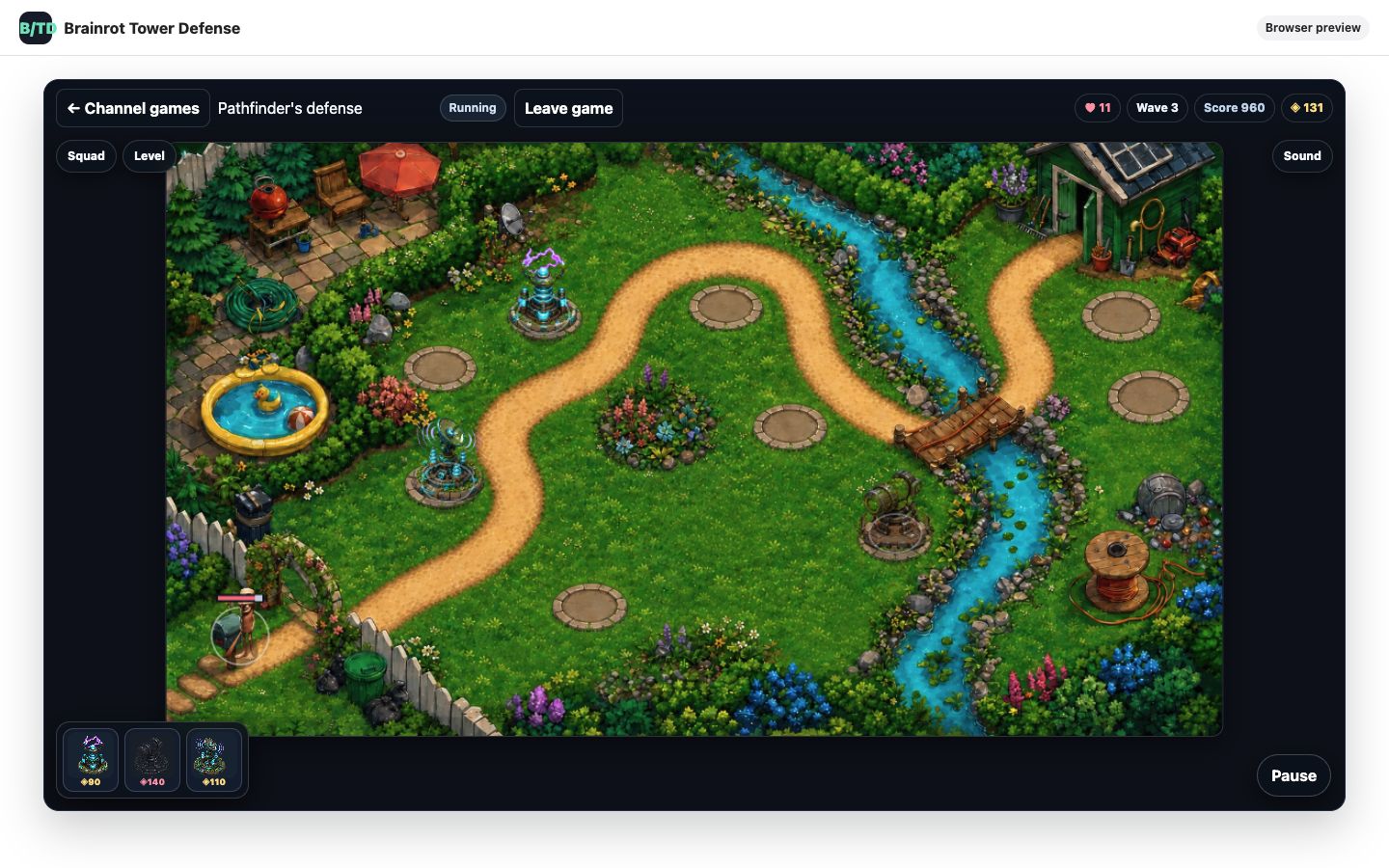 Brainrot Tower Defense running a wave on a garden map with defenses placed along the route.