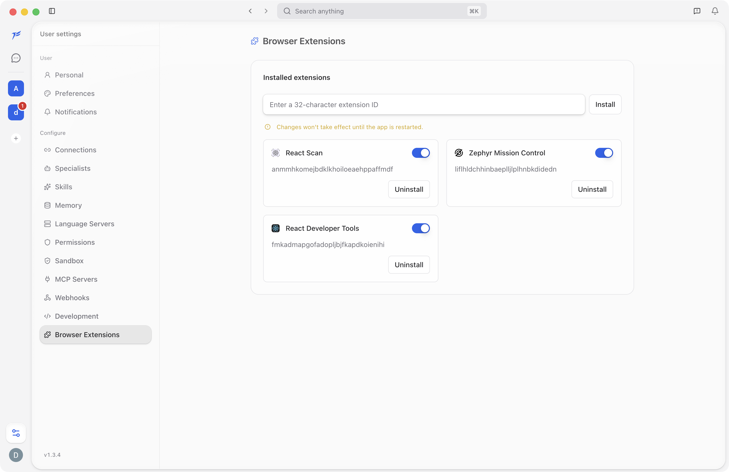 Browser Extensions settings showing installed extensions and extension ID input