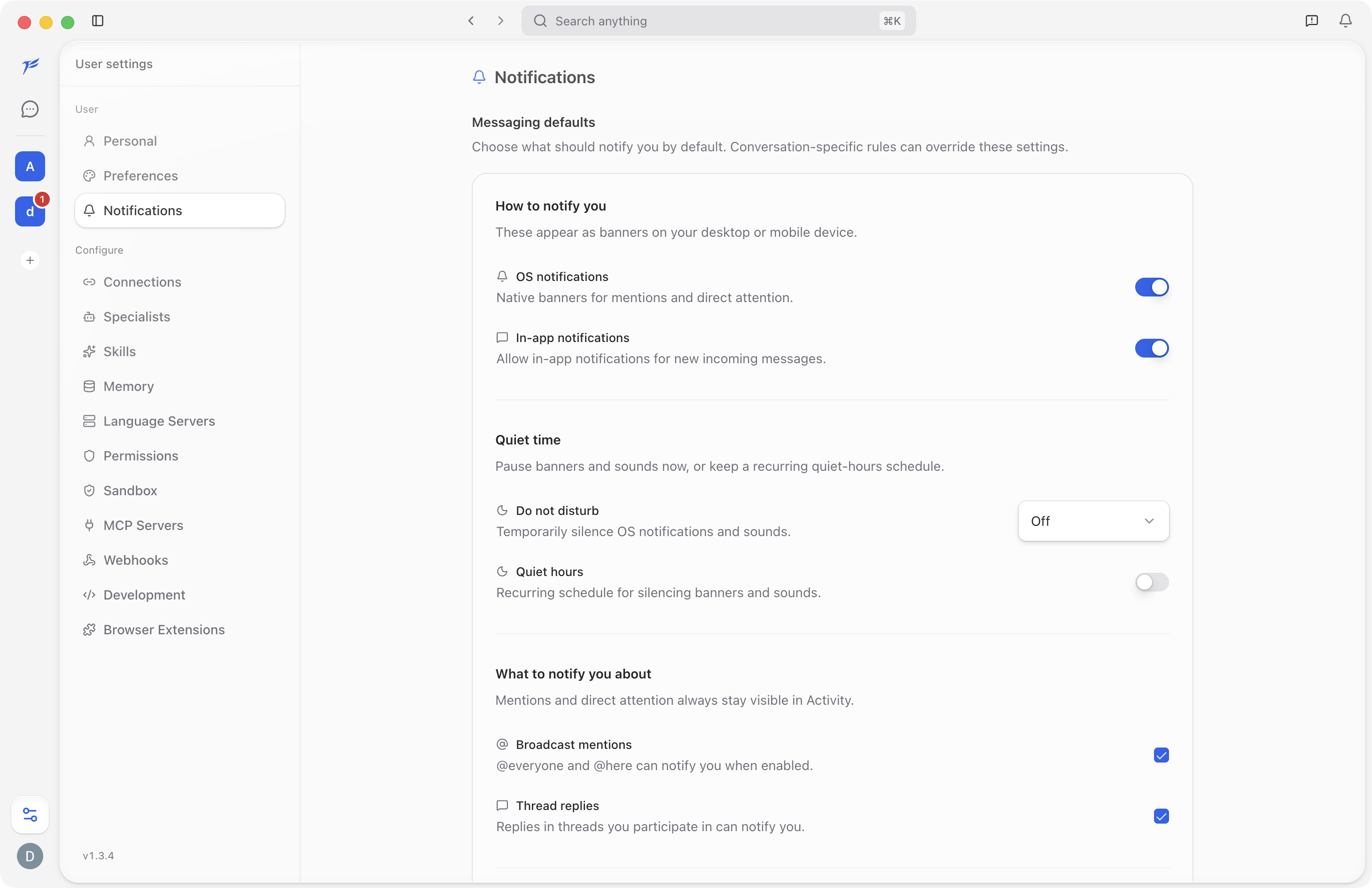 Notifications settings showing OS notifications, in-app notifications, quiet time, broadcast mentions, and thread replies