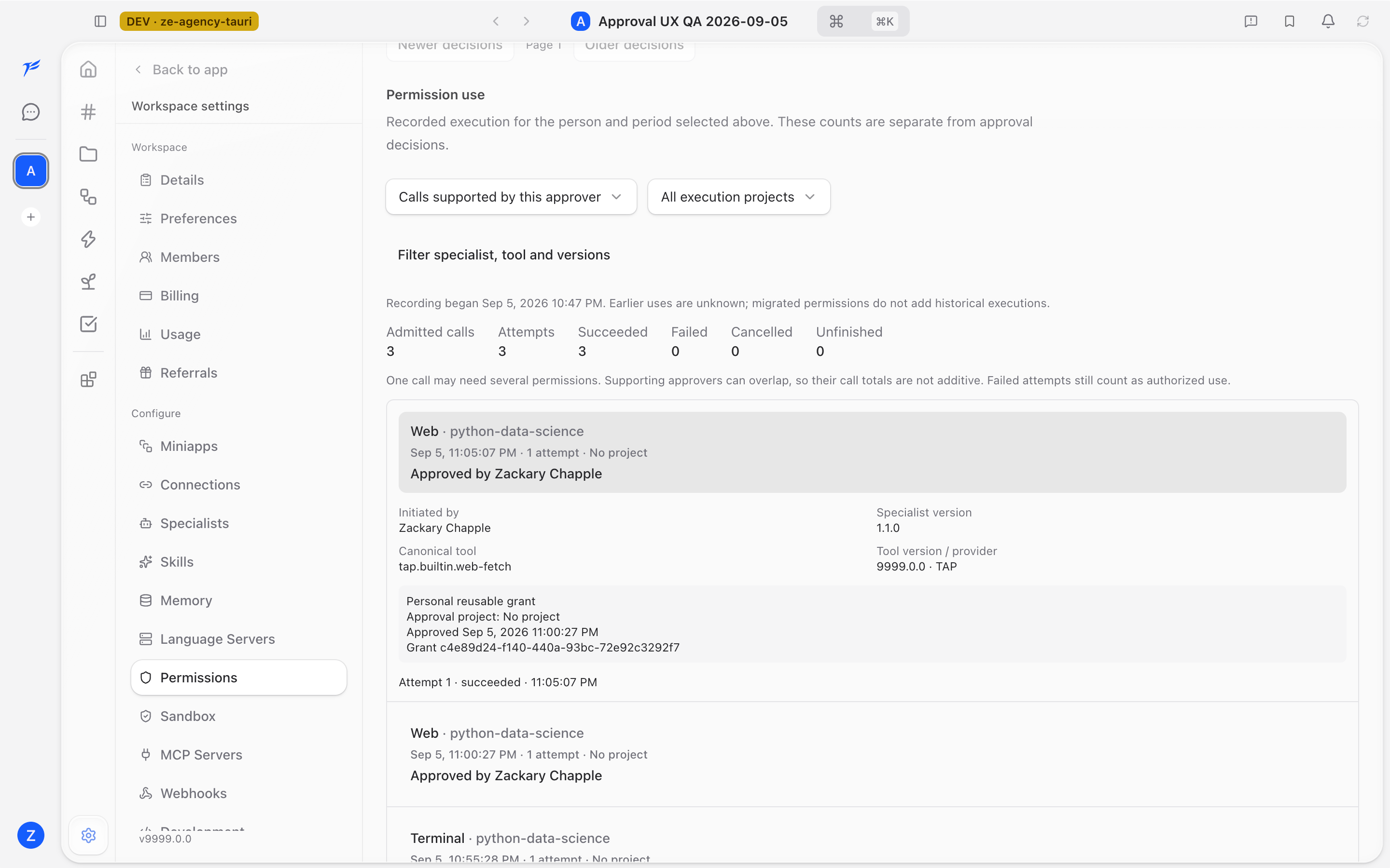 Expanded permission use showing the initiating person, tool and specialist versions, original grant, and successful attempt