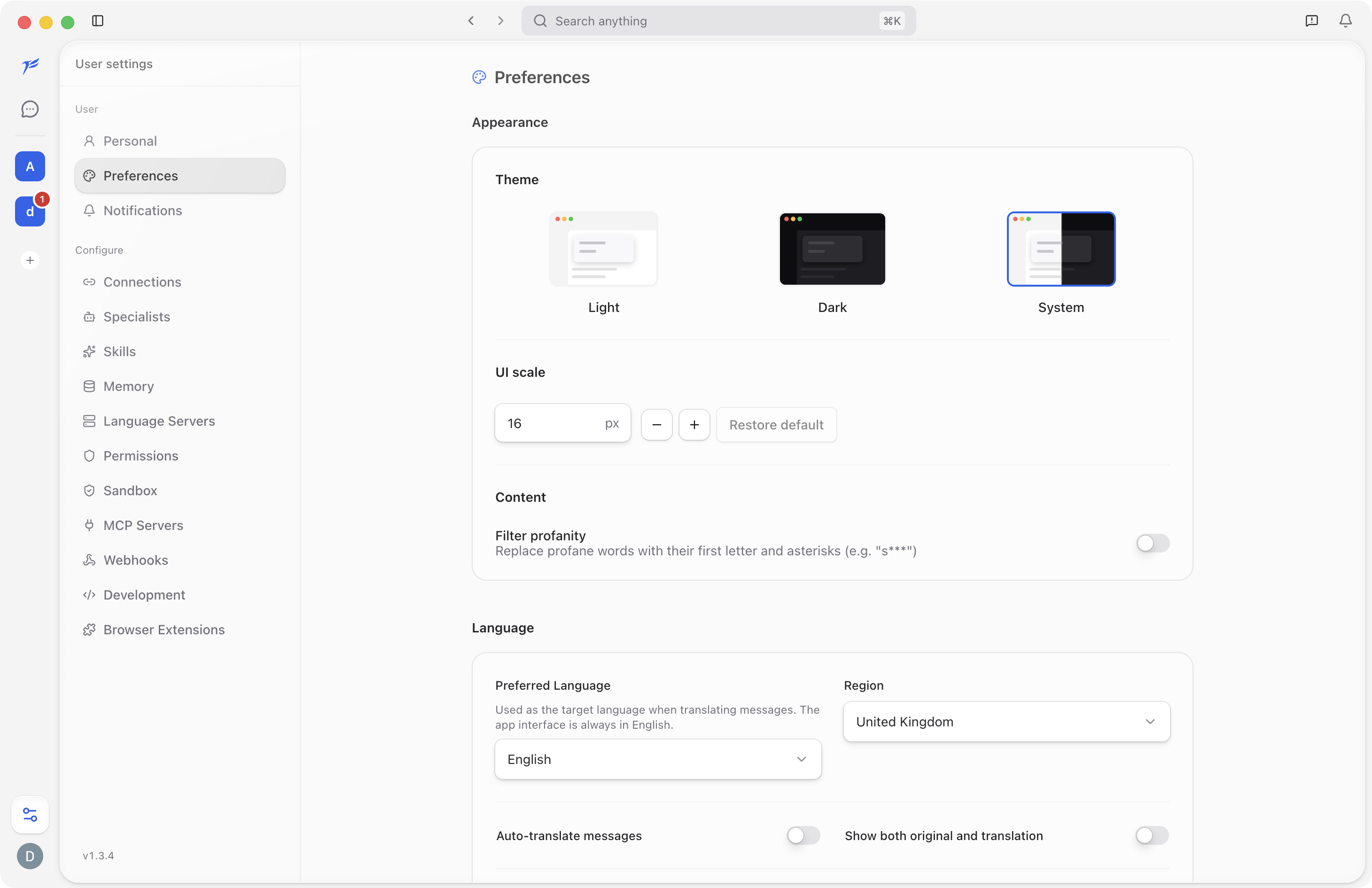 Preferences settings showing theme, UI scale, content, and link-opening options