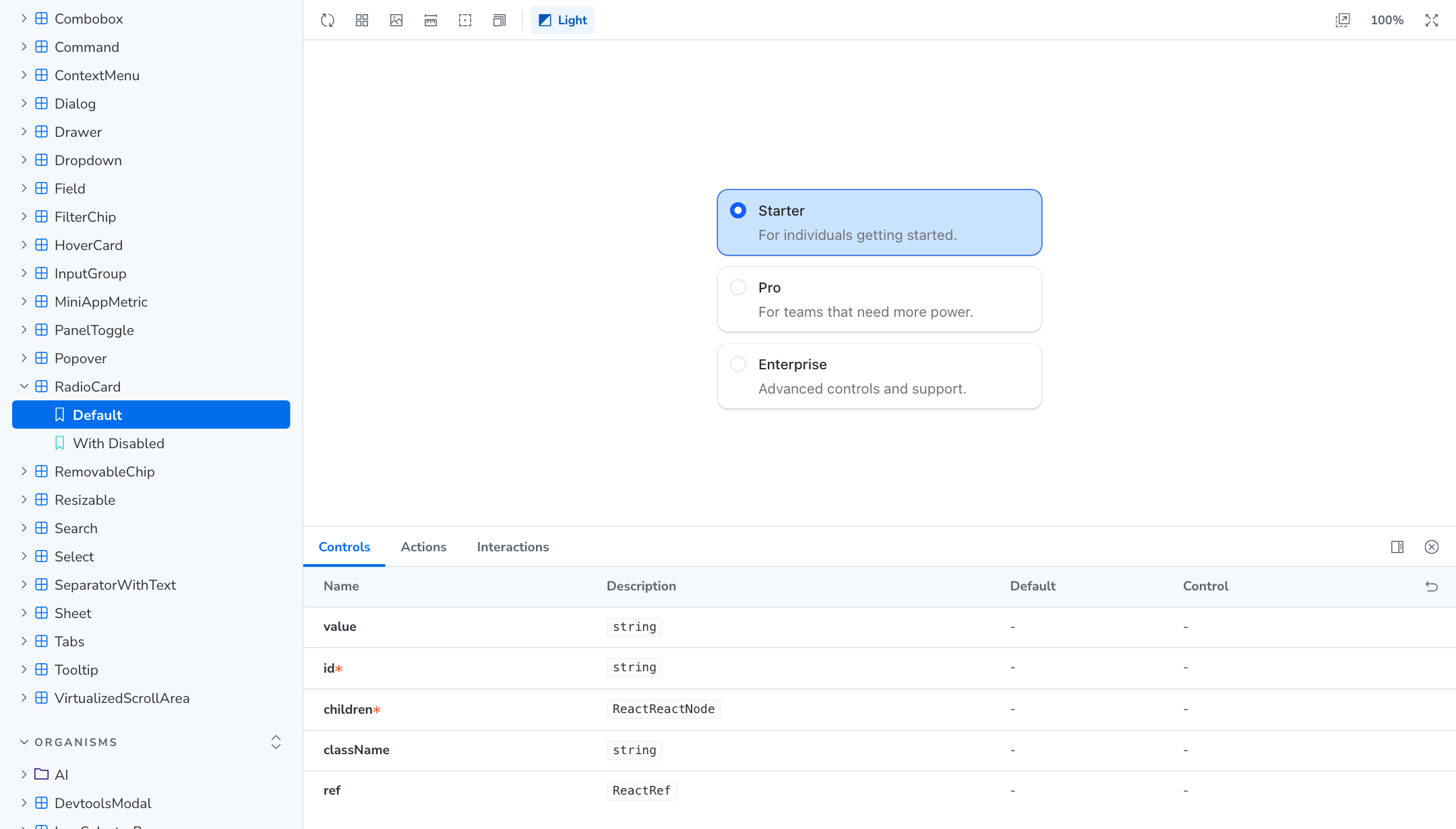 Component explorer showing the RadioCard component with its variants in the sidebar and a controls table listing its props
